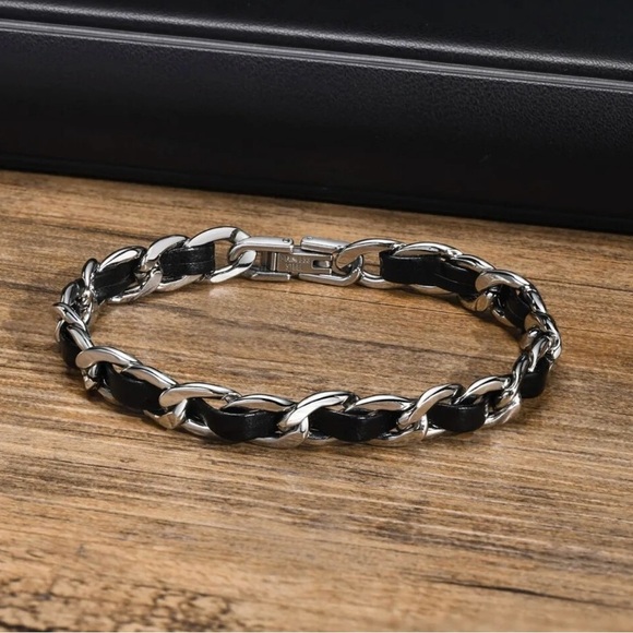 Black Leather Chain Bracelets, Waterproof Stainless Steel Cuban Links Chain - Picture 5 of 5